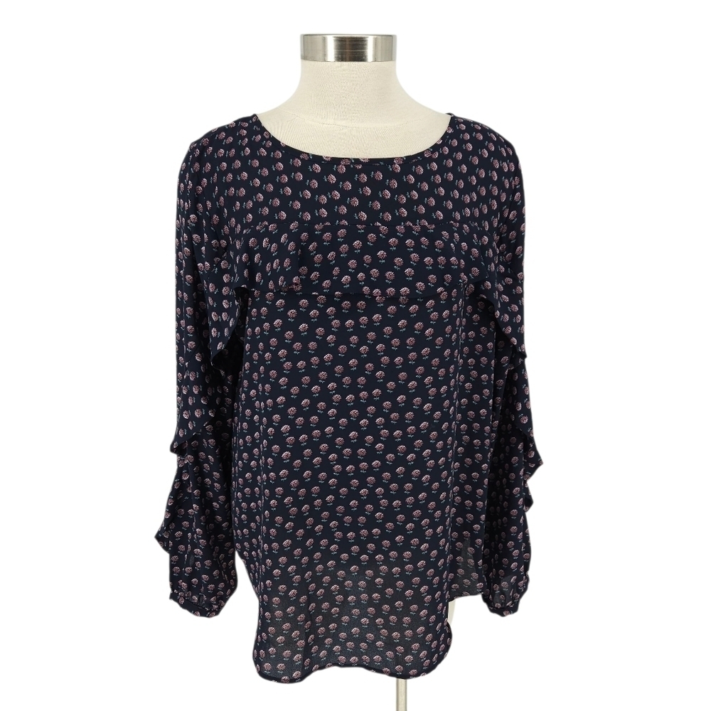 Ann Taylor LOFT Blouse Navy Blue Floral Ruffle Long Sleeve Shirt Large - Picture 1 of 7